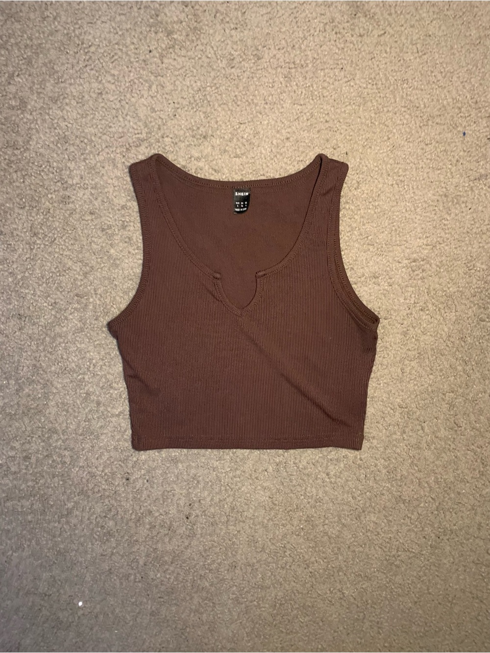 SHEIN Brown Ribbed Notch V-Neck Crop Tank
